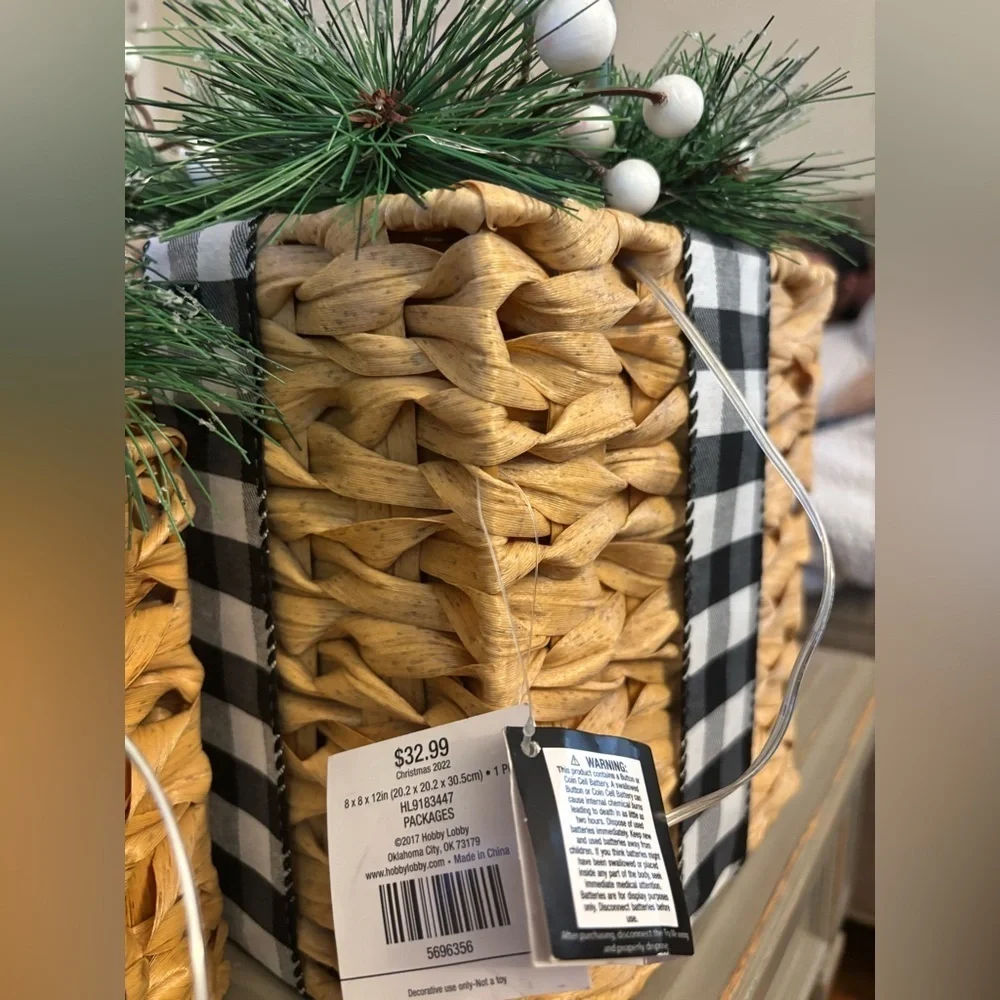 Woven Baskets with Greenery and Plaid Accent